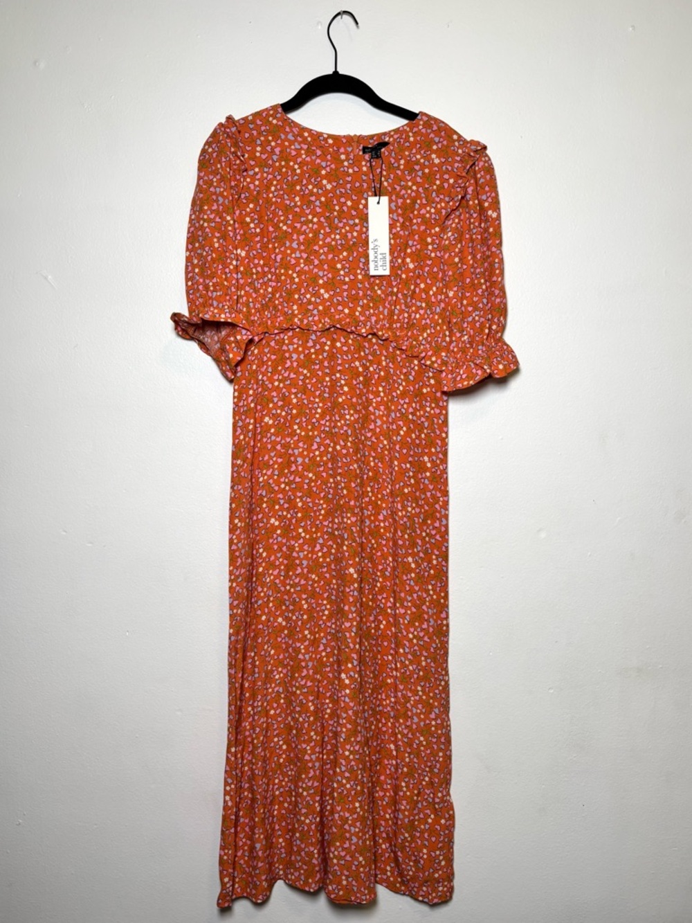 Printed Orange Maxi Dress with Puff Sleeves